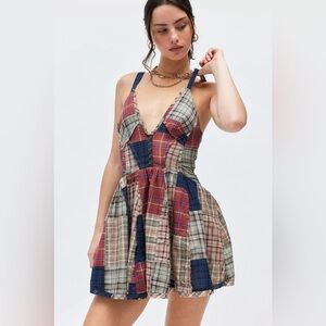 UO BDG Bryn Fit & Flare Mini Dress - Plaid Patchwork Cotton Plunge Dress